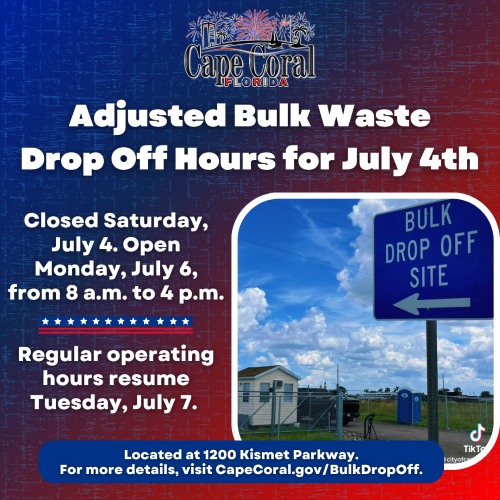 Flyer for Bulk Waste hours change, closed on Saturday July 4th and reopening Monday July 6th